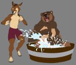2026 4_toes 5_fingers aetherxov anthro arm_markings assisted_bathing barrel bath bath_water bathing bathtub bear belly biped black_body black_claws black_ears black_feet black_fur black_hands black_nose black_pawpads black_paws bottomless bottomwear brown_arms brown_bear brown_body brown_claws brown_ears brown_fur brown_hands brown_legs brown_mane brown_nose brown_pawpads canid canine canis cheek_markings claws clothed clothing digital_drawing_(artwork) digital_media_(artwork) digitigrade duo eyebrows facial_markings feet finger_claws fingers fur fur_markings grizzly_bear hair handpaw head_markings hi_res in_bath in_bathtub kuruk_(character) looking_at_another male male_anthro mammal mane mane_hair markings monochrome monotone_body monotone_feet monotone_fur monotone_hands monotone_inner_ear monotone_markings mostly_nude multicolored_body multicolored_fur muzzle_(marking) nude open_mouth orange_body orange_fur pants pawpads paws pink_tongue plantigrade playing sharp_teeth short_ears short_fur shorts simple_background sitting sitting_in_bathtub sketch skinny skinny_anthro skinny_male slightly_chubby slightly_chubby_anthro slightly_chubby_male small_ears smile snout snout_markings soap_bubbles splash splashing_water standing tall tan_belly tan_body tan_fur tan_inner_ear tan_markings teal_eyes teeth third-party_edit three-quarter_view toe_claws toes tongue tongue_out topless topless_male two_tone_body two_tone_fur ursidae ursine ursine_ears washtub water water_splashes wet wet_body wet_fur