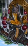 absurd_res anthro canid canine canis cloud coyote crossed_legs day digital_media_(artwork) featureless_crotch fingerpads gold_(metal) hi_res hybrid lambdakat long_tail looking_aside male mammal nude outside pawpads pupils reptile scalie slit_pupils snake solo tail upside_down water waterfall yellow_eyes