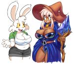 2026 5_fingers alternate_costume anthro autumn_(genocityzone) bangs black_eyebrows black_nose blue_clothing blue_robe bottomwear breasts brown_body brown_clothing brown_ears brown_hat brown_headwear brown_skin buckteeth cartoon_freckles cheek_tuft chest_tuft cleavage clothed clothing clothing_swap crop_top digital_media_(artwork) duo elf eyebrows eyelashes facial_tuft female female_anthro female_humanoid fingers freckled_breasts freckled_face freckles fur genocityzone green_clothing green_jacket green_topwear grey_bottomwear grey_clothing grey_shorts hair hat head_tuft headgear headwear hi_res holding_object holding_staff humanoid humanoid_pointy_ears jacket lagomorph leporid long_eyelashes looking_at_another mammal navel open_clothing open_jacket open_mouth open_smile open_topwear pointy_ears pupils rabbit red_eyes robe shirt short_tail shorts smile staff standing tail tan_hair teeth thick_eyebrows thick_thighs topwear tuft white_body white_clothing white_crop_top white_ears white_fur white_pupils white_sclera white_tail white_topwear white_tuft wizard_hat wizard_robe yellow_sclera