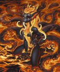 2023 anthro bikini black_body black_sclera breasts claws clothing digital_media_(artwork) dragon female fire forked_tongue hi_res horn kneeling lambdakat looking_at_viewer multi_tail mythological_creature mythological_scalie mythology pawpads pseudo_hair scalie smile solo swimwear tail tentacle_hair tentacles tongue tongue_out two-piece_swimsuit