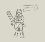 2023 7_fingers alien anthro armor babbage bag bald clothed clothing dated digital_drawing_(artwork) digital_media_(artwork) english_text female fingers floppy_ears full_armor fully_clothed laser_gun long_ears looking_aside low_res machine mora_(babbage) niln power_armor ranged_weapon satchel signature simple_background sketch smile solo space_helmet stubble text weapon