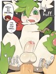 anal anal_penetration anthro balls blush blush_lines bodily_fluids colored dialogue duo english_text first_person_view generation_4_pokemon genital_fluids genitals green_body green_eyes hair hi_res human humiliation legendary_pokemon male male/male mammal nintendo penetration penile penile_penetration penis penis_humiliation penis_in_ass penis_size_difference plap pokemon pokemon_(species) precum red_hair sex shaded shaymin sky_forme_shaymin small_penis_humiliation svkhaiminh sweat sweatdrop text white_body
