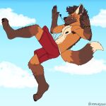 1:1 abs anthro arm_hair arm_tuft armpit_hair body_hair bottomwear bracelet brown_body brown_fur canid canine clothed clothing cloud ear_piercing elbow_tuft elliot_(bactover) facial_hair fangs fur happy_trail jewelry leg_hair male mammal maned_wolf mustache necklace nipples orange_body orange_fur outside pants pecs piercing pubes shorts smile solo spiked_bracelet spikes tan_body tan_fur teeth topless tuft underwear yellow_sclera zordykeaboo