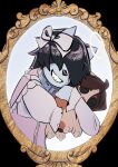 2026 absurd_res accessory anthro bangs black_hair borealhao bow_ribbon callie_(vinqou) canid canine clothing digital_media_(artwork) dress female fox fur grey_body grey_hair hair hair_accessory hair_bow hair_over_eyes hair_ribbon halo hi_res holding_object holding_plushie hug hugging_object hugging_plushie long_sleeves mammal picture_frame pink_clothing platinum_fox plushie portrait red_fox reina_(vinqou) ribbons sharp_teeth simple_background smile solo teeth trans_(lore) trans_woman_(lore) true_fox white_body white_clothing