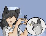 2019 5_fingers animal_ears animal_humanoid anthro black_ears black_hair black_nose blue_background canid canine canis clothing collared_shirt colored cross-popping_vein cutaway digital_drawing_(artwork) digital_media_(artwork) directional_arrow duo emanata eyes_closed facial_scar female fingers fur gesture grey_body grey_fur hair hand_gesture happy heart_gesture hi_res humanoid kangwolf long_hair male mammal open_mouth pattern_background scar screentone shirt shocked simple_background smile surprised tony_(kangwolf) topwear white_body white_clothing white_fur white_shirt white_topwear wide_eyed wolf