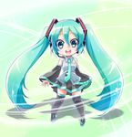  aqua_hair black_legwear blue_eyes chibi detached_sleeves hatsune_miku headphones highres long_hair looking_at_viewer manmaru_tamago necktie open_mouth skirt smile solo teeth thighhighs twintails very_long_hair vocaloid 