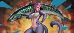 2024 animal_humanoid aquatic athletic athletic_female bikini breasts cat_humanoid claws clothing digital_media_(artwork) duo felid felid_humanoid feline feline_humanoid female feral fish fur hair hand_on_hip hi_res holding_fish humanoid lambdakat looking_aside mammal mammal_humanoid navel pattern_bikini pattern_clothing pattern_swimwear pink_hair simple_background smile striped_bikini striped_clothing striped_swimwear stripes swimwear tail two-piece_swimsuit