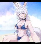 2026 animal_humanoid arknights big_breasts bikini black_bars blue_bikini blue_clothing blue_swimwear breasts choker clothing cloud digital_media_(artwork) female grey_hair hair hand_on_breast hi_res humanoid hypergryph jewelry letterbox mammal mammal_humanoid necklace nymnwales rodent rodent_humanoid sciurid sciurid_humanoid smile solo studio_montagne surfer_(arknights) swimwear tail tree_squirrel_humanoid two-piece_swimsuit