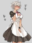  alternate_costume blazblue blazblue:_chronophantasma blush breasts bullet_(blazblue) cleavage cleavage_cutout enmaided grey_background hairband heartbeat large_breasts maid maid_headdress ribbon short_hair simple_background solo tomo_(tomorag7) white_hair wrist_cuffs 