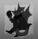 2_horns anthro bat big_ears biped black_body black_claws black_clothing black_eyes black_footwear black_fur black_hat black_headwear black_horn black_nose black_sclera boots bottomwear chibi claws cloak clothed clothed_anthro clothed_male clothing coat conhugo demon domestic_cat ear_tuft eyebrows fangs felid feline felis fluffy fluffy_tail footwear fully_clothed fully_clothed_anthro fully_clothed_male fur glistening glistening_eyes glowing glowing_eyes gradient_background grey_background grey_body grin happy hat headgear headwear hi_res horn hybrid light long_tail looking_at_viewer male mammal monochrome monotone_body monster motion_lines narrowed_eyes open_mouth outline pants paws pose raised_leg shaded shoes signature simple_background smile smiling_at_viewer snout solo sparkles standing suit tail teeth tongue topwear trenchcoat tuft vampire walking wings