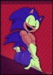 anthro artist_name blue_body butt clothing creepypasta eulipotyphlan gloves handwear hedgehog hi_res inviting inviting_viewer looking_at_viewer male mammal muscular muscular_male nude ratwork sega solo sonic_(rewrite) sonic_the_hedgehog_(series) text
