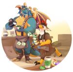 2023 activision anthor anthro apron avian beard biceps blue_body blue_hair blue_scales blush brown_body brown_feathers claws clothing coffee_shop container cup dragon dragonasis duo eyes_closed facial_hair facial_piercing facial_spikes feathers footwear furgonomic_piercing furgonomics furniture gavin_(spyro) generation_4_pokemon hair hi_res holding_container holding_cup holding_mug holding_object horn horn_piercing interspecies larger_male looking_at_another male manly mature_anthro mature_male mug multicolored_body multicolored_feathers muscular muscular_anthro muscular_male mustache mythological_creature mythological_scalie mythology nintendo nose_piercing nose_ring piercing pokemon pokemon_(species) reptile rescued_dragons_(spyro) ring_piercing scales scalie size_difference smaller_male sofa spiked_tail spikes spikes_(anatomy) spyro_reignited_trilogy spyro_the_dragon staraptor tail tail_feathers tan_body tan_scales tattoo toeless_footwear white_body white_feathers wings