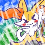 >o< 1:1 2024 ambiguous_anthro ambiguous_gender annyui0611 anthro biped blush blush_stickers braixen canid closed_smile cloud digital_drawing_(artwork) digital_media_(artwork) fist_pump front_view generation_6_pokemon grass half-length_portrait hi_res jumping mammal mouth_closed nintendo object_in_tail outside plant pokemon pokemon_(species) portrait simple_background sky smile solo stick stick_in_tail tail
