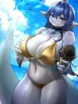 2026 anthro aquatic avian big_breasts bikini bird blue_hair blush breasts choker clothed clothing dessert detailed_background female fish food gold_bikini golden_week hair hi_res holding_object huge_breasts ice_cream jewelry looking_at_viewer low-angle_view mimideu64931 navel necklace non-mammal_breasts non-mammal_hair non-mammal_navel outside sea seaside shark shark_tail sky skyscape smile solo standing swimwear tail thick_thighs two-piece_swimsuit under_boob water wide_hips