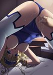  1girl artist_request bed blonde_hair blue_eyes blush bodysuit breasts cecilia_alcott fingering flexible hairband infinite_stratos long_hair messy nipples open_mouth pillow pilot_suit pussy pussy_juice saxasa_kisuk solo swimsuit_aside thighhighs uncensored 