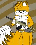 4:5 adult_(lore) ak-47 ak_platform anthro assault_rifle belt black_nose canid canine cheek_tuft clothing facial_tuft fluffy fluffy_hair fluffy_tail fox gloves gun hair handwear hi_res holding_object holding_weapon lapiscrowlime male mammal miles_prower ranged_weapon redesign rifle sega solo sonic_the_hedgehog_(series) tail tuft weapon yellow_body