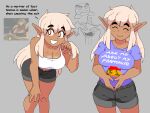 2025 5_fingers ^_^ animate_inanimate autumn_(genocityzone) bangs big_breasts black_bottomwear black_clothing black_eyebrows black_shorts blue_clothing blue_shirt blue_topwear bottomwear breasts brown_body brown_breasts brown_skin cartoon_freckles cleavage clothed clothing crop_top digital_media_(artwork) elf english_text exor eyebrows eyelashes eyes_closed female female_humanoid fingernails fingers freckled_breasts freckled_face freckled_knees freckled_legs freckled_shoulders freckles genocityzone gesture goomba grey_background hair hand_gesture hand_on_knee hand_on_leg hand_on_own_knee hand_on_own_leg humanoid humanoid_pointy_ears leaning leaning_forward living_melee_weapon living_sword living_weapon long_eyelashes long_hair mario mario_bros melee_weapon metroid nails nintendo not_furry orange_eyes pointy_ears print_clothing print_shirt print_topwear pupils samus_aran shirt shorts simple_background smile super_mario_rpg_legend_of_the_seven_stars sword tan_hair text thick_eyebrows thumbs_up topwear waddling_head weapon white_clothing white_crop_top white_pupils white_sclera white_topwear