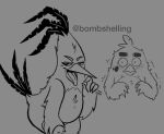 2026 angry_birds anthro artist_name avian beak bedroom_eyes bent_over bird blush blush_lines canary cardinal_(bird) chuck_(angry_birds) digital_media_(artwork) duo feather_hair feathers fellatio_gesture finch flustered gesture grey_background half-closed_eyes hand_gesture hand_on_leg hand_on_own_leg heart_eyes heart_symbol hi_res looking_at_another male male/male monochrome narrowed_eyes notsafeforwank oscine passerine pseudo_hair red_(angry_birds) rovio_entertainment seductive sega simple_background suggestive suggestive_gesture tail tail_feathers text the_angry_birds_movie tongue tongue_out