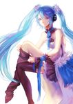  7th_dragon_(series) 7th_dragon_2020 blue_eyes blue_hair hatsune_miku headphones highres kirired long_hair sitting skirt sock_pull solo thighhighs twintails very_long_hair vocaloid white_background 