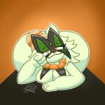 1:1 2024 absurd_res anthro big_butt breasts butt clothing diamond_(marking) digital_drawing_(artwork) digital_media_(artwork) eyelashes female fur generation_9_pokemon green_body green_fur green_mask half-closed_eyes hand_on_head hat headgear headwear hi_res huge_butt lily_(puppetz) looking_at_viewer lying markings meowscarada narrowed_eyes nintendo on_front orange_background orange_eyes orange_nose outline pokemon pokemon_(species) puppetz_(artist) short_tail signature simple_background smile solo sun_hat tail white_outline