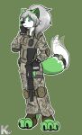 2020 3_toes accessory anthro assault_rifle barefoot biped black_nose black_pawpads blue_eyes blush bracelet bulletproof_vest camo canid canine claws clothing colored digital_camo digital_drawing_(artwork) digital_media_(artwork) dipstick_tail elbow_pads electronics feet female fingerless_gloves fox fur furgonomics gloves green_background green_body green_fur grey_hair gun hair hand_to_face handwear hi_res holding_gun holding_object holding_ranged_weapon holding_weapon jewelry kangwolf knee_pads mammal markings military_uniform motion_lines multicolored_body multicolored_fur outline pawpads ranged_weapon rifle signature simple_background solo spiked_bracelet spikes standing tail tail_accessory tail_markings tail_motion toe_claws toes two_tone_body two_tone_fur uniform walkie-talkie watermark weapon white_body white_fur white_outline