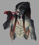 absurd_res alien alien_humanoid black_eyes blood blood_on_chest bodily_fluids colored eating food hi_res humanoid leafjuly male male_humanoid mandibles meat not_furry nude nude_humanoid nude_male portrait predator_(franchise) pseudo_hair sharp_teeth simple_background solo teeth tentacle_hair tentacles three-quarter_portrait yautja