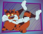 2026 3_toes 4_fingers abstract_background adventures_from_the_book_of_virtues alternate_version_at_paywall annoyed anthro arched_foot arm_tuft back_muscles back_tuft belly bent_legs big_belly big_butt biped black_eyebrows black_nose black_stripes bobcat bubble_butt butt casual_nudity cheek_tuft chest_tuft chin_tuft colored curling_toes curvy_figure digital_drawing_(artwork) digital_media_(artwork) ears_outwards eyebrows facial_tuft feet felid feline fingers flat_colors fluffy fluffy_chest frown fur furrowed_eyebrows gavanzude glancing_back gloves_(marking) half-closed_eyes head_tuft hi_res humanoid_feet humanoid_hands humanoid_heel leg_markings legs_up lines_drawn looking_aside looking_aside_at_partner looking_at_viewer looking_back looking_back_at_viewer lying lynx male mammal markings multicolored_body multicolored_fur narrowed_eyes nude on_back orange_body orange_fur pbs pinup pivoted_ears plantigrade pose raised_foot rear_view scut_tail short_tail shoulder_blades shoulder_tuft signature slightly_chubby slightly_chubby_anthro slightly_chubby_male small_tail socks_(marking) socrates_the_bobcat solo spine striped_body striped_fur striped_markings striped_tail stripes tail tail_between_buttocks tail_markings thick_calves thick_eyebrows thick_thighs toes tuft two_tone_body two_tone_fur whiskers white_belly white_body white_feet white_fur white_hands wide_hips yellow_sclera