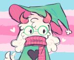 anthro black_heart_symbol bovid caprine captainkisser clothing deltarune eyelashes eyewear female fluffy fluffy_ears fur glasses goat green_clothing green_eyewear green_glasses green_hat green_headwear hat headgear headwear heart_symbol hi_res horn lgbt_pride mammal pink_horn pink_scarf pride_colors ralsei scarf solo tail tail_motion tailwag trans_(lore) trans_woman_(lore) transgender_pride_colors undertale_(series) white_body white_fur white_tail wizard_hat