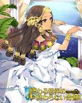  balcony bangle bracelet brown_eyes brown_hair copyright_name crown dress gold hair_ornament jewelry ocean parted_lips revenge_of_dragoon ririkuto sitting solo watermark white_dress window 