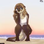 1:1 2026 anthro anus black_nose blonde_hair blue_eyes blush claws clothing crouching ears_down embarrassed english_text eyewear female fur genitals goggles hair hand_on_butt hand_on_cheek hi_res kristhelynx mammal multicolored_body multicolored_fur mustelid otter piercing pivoted_ears sand sea shirt smile solo tail tank_top text topwear vulva water white_clothing white_shirt white_tank_top white_topwear