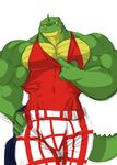  anthro biceps big_muscles clothing crocodile flammars looking_at_viewer male muscles pecs plain_background pose reptile scales scalie shirt shorts solo standing tank_top wani white_background yellow_eyes 