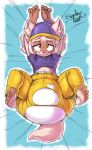 anthro barefoot beanie bed bent_legs big_diaper blue_sheets blush bottomwear canid canine clothed clothing clothing_lift diaper diaper_peekage diaper_under_clothing diaper_under_pants exposed_belly feet fluffy_ears fur furniture hair half-closed_eyes hat headgear headwear hi_res huge_diaper legs_up looking_at_viewer lying lying_on_bed male mammal narrowed_eyes on_back on_bed pants purple_beanie purple_clothing purple_hat purple_headwear purple_shirt purple_topwear raised_arms shirt shirt_lift signature solo sophiepoof spread_legs spreading tail tan_body tan_fur topwear torn_bottomwear torn_clothing torn_pants vanilla_(epicman740) wardrobe_malfunction wearing_diaper yellow_bottomwear yellow_clothing yellow_eyes yellow_pants