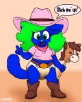 anthro belt blue_body callie_marbles clothing cowgirl_boots cowgirl_hat cowgirl_outfit diaper domestic_cat eyelashes feces felid feline felis female finger_gun fluffy fluffy_hair fluffy_tail gesture green_eyes green_hair hair hand_gesture hi_res hobby_horse kerchief looking_at_viewer mammal one_tooth pointing rocky-marbles sagging_diaper shirt soiled_diaper soiling solo speech_bubble standing t-shirt tail topwear unclean_diaper used_diaper