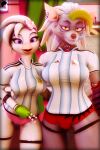 2:3 3d_(artwork) absurd_res animatronic anthro argentina avian big_breasts bird blackterio blender_(artwork) blender_cycles_(artwork) bottomwear breasts canid canine canis chicken clothed clothing digital_media_(artwork) duo female female/female five_nights_at_freddy's five_nights_at_freddy's:_security_breach galliform glamrock_chica hair hi_res hotpants looking_at_viewer machine mammal phasianid purple_eyes robot robot_anthro roxanne_wolf scottgames shorts steel_wool_studios topwear wolf yellow_eyes