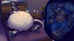16:9 abdominal_bulge anthro bed belly big_belly bodily_fluids canid canine dragon duo fox fur furniture furred_dragon furred_scalie hand_on_belly huge_belly inside_stomach internal lying lying_on_bed male male/male male_pred male_prey mammal markings monty_(blancmont) mythological_creature mythological_scalie mythology nommz nude on_bed partially_submerged scalie stomach_acid vore wet wet_body wet_fur widescreen wingless_dragon