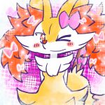 1:1 2024 accessory annyui0611 anthro blush blush_stickers bow_ribbon braixen breasts canid closed_smile digital_drawing_(artwork) digital_media_(artwork) dipstick_tail female female_anthro front_view generation_6_pokemon hair hair_accessory hair_bow hair_ribbon half-length_portrait hands_behind_back hi_res japanese_description looking_at_viewer mammal markings messy_hair mouth_closed nintendo object_in_tail one_eye_closed pokemon pokemon_(species) portrait ribbons simple_background small_breasts smile solo sparkles stick stick_in_tail tail tail_markings translated_description wink winking_at_viewer
