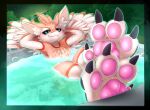 2026 4_ears ambiguous_gender anthro avali avian backsash barefoot black_sclera claws digital_media_(artwork) feathered_wings feathers feet foot_fetish foot_focus fur hair hi_res hindpaw hot_tub looking_at_viewer multi_ear night nude outside partially_submerged pawpads paws pink_pawpads plant smile soles solo toe_claws toes water waterb winged_arms wings