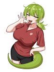 2026 ahoge aliasing animal_humanoid arknights arknights_endfield big_breasts black_bottomwear black_clothing black_shorts blush blush_lines bottomwear breasts clothing cockati digital_media_(artwork) fangs fellatio_gesture female fluorite_(arknights) gesture glistening glistening_tail green_hair green_tail hair hand_on_hip high-angle_view humanoid hypergryph long_tongue looking_at_viewer open_mouth open_smile ponytail red_clothing red_shirt red_topwear reptile reptile_humanoid scalie scalie_humanoid shirt short_hair shorts simple_background smile smiling_at_viewer snake_humanoid solo studio_montagne suggestive suggestive_gesture tail teeth tongue tongue_out topwear white_background yellow_eyes