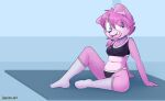 anthro black_clothing black_underwear bra breasts cleavage clothed clothing countershading female footwear fur green_eyes hair hi_res long_socks open_mouth organs panties pink_body pink_fur pink_hair pink_tongue sharp_teeth smile socks solo sports_bra stomach teeth tongue triangle_nose underwear white_clothing white_footwear white_socks