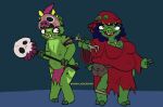 2026 angry_birds anthro artist_name belt black_eyes blush bodily_fluids bone bone_piercing bottomwear breasts cleavage clothed clothing curled_tail digital_media_(artwork) domestic_pig duo ear_piercing ear_ring facial_piercing female green_body green_ears green_nose green_tail headgear headkerchief headwear horny_bunjester jewelry kerchief loincloth looking_at_another male male/female mammal mask mask_on_head multicolored_body necklace nose_piercing piercing pig_(angry_birds) pose red_clothing red_headkerchief red_kerchief red_robe ring_piercing robe rovio_entertainment sega skull skull_staff staff standing suid suine sus_(pig) sweat tail teeth text tongue utility_belt