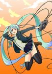  absurdres aqua_hair bad_id bad_pixiv_id blazer briefcase hatsune_miku headphones highres jacket jumping kurai_nao long_hair necktie open_mouth red_eyes skirt solo thighhighs twintails very_long_hair vocaloid 