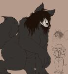 anthro bat belly belt black_body black_fur black_hair blush blush_lines bodily_fluids bone bottomwear breasts carameltsi chest_fur claws clothed clothing collared_shirt colored curly_hair dress_shirt duo electronics fangs female fluffy fluffy_tail fur hair hair_over_eye hair_over_eyes hi_res holding_object holding_phone kneeling long_hair looming malo mammal nude pants phone piercing scp-1471-a scp_foundation scruffy shirt simple_background sketch skull skull_head sweat sweatdrop tail teeth ti-ti topwear