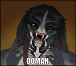 5_fingers alien alien_humanoid ancient_aliens black_border black_eyes border colored fingers hi_res humanoid image_macro leafjuly looking_at_viewer male male_humanoid mandibles meme nude nude_humanoid nude_male open_mouth predator_(franchise) pseudo_hair sharp_teeth simple_background solo teeth tentacle_hair tentacles text yautja