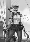 2026 accessory anisis anthro armband axe bottomwear bracelet breasts clothing digital_media_(artwork) ear_piercing ear_ring exposed_breasts fangs felid female fur grappling_hook greyscale gun headband hi_res jewelry knife lion looking_at_viewer mammal monochrome necklace nipples outside pantherine pants piercing pirate ranged_weapon rigging ring_piercing scar ship snarling solo tail teeth topwear vehicle vest watercraft weapon whiskers