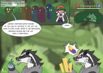 7:5 animal_genitalia animal_penis anthro binoculars bodily_fluids colored dialogue eating eating_food eggplant_emoji english_text female female_human food fruit fur generation_8_pokemon genitals grey_body grey_fur group hair hi_res human knot knotted_penis light_body light_skin male male_anthro mammal mustelid narration nicoffee nintendo obstagoon penis plant pokemon pokemon_(species) red_eyes red_hair solo speech_bubble sweat sweatdrop text
