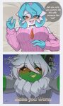 absurd_res amber_eyes anthro awah_(awakeon) blue_hair blush choker clothing comic dialogue duo eeveelution english_text female flareon fur gardevoir generation_1_pokemon generation_3_pokemon green_body green_fur grey_clothing grey_shirt grey_t-shirt grey_topwear hair hi_res jewelry male male/female mandy_(gammainks) mega_stone necklace nintendo piercing pink_clothing pokemon pokemon_(species) shiny_pokemon shirt t-shirt talia_thresher text topwear white_hair yellow_eyes