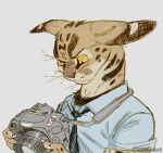 accessory ambiguous_gender anthro brown_body brown_fur bust_portrait cabbitdork camera clothing collared_shirt digital_drawing_(artwork) digital_media_(artwork) dress_shirt eyebrows felid feline floppy_ears fur hi_res holding_object mammal markings narrowed_eyes necktie pointy_ears portrait raised_eyebrow shirt simple_background solo spots spotted_body spotted_fur striped_markings stripes topwear unnamed_character watermark whiskers yellow_eyes