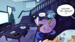 :3 amomon amphibian anthro anthro_pov aquatic axolotl blort blue_body blue_fur blue_hair blue_tail blush clothed clothing crumbs crumbs_on_face daydreamed_(character) detailed_background dialogue diaper diaper_blowout diaper_under_clothing diaper_under_onesie duo electronics english_text equid equine eyes_closed feces feces_blowout first_person_view fur furniture game_boy game_boy_family hair hi_res holding_object holding_plushie horse leaking leaking_diaper leaking_feces legs_up male male_pov mammal mole_salamander nintendo on_sofa onesie onomatopoeia plushie pooping purple_body purple_fur purple_hair purple_onesie purple_tail salamander sitting sitting_on_sofa smile sofa soiled_diaper soiling soiling_diaper sound_effects speech_bubble stained_clothing stairs tail television television_remote text unclean_diaper used_diaper using_diaper watching_television wearing_diaper