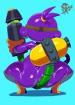 anthro bloons_tower_defense blue_background boots butt clothing crouching eyewear footwear form_fitting glistening glistening_clothing glistening_latex glistening_skinsuit glistening_thighs glue glue_gunner goatboydraws goggles haplorhine hi_res latex latex_clothing latex_skinsuit male mammal monkey ninja_kiwi primate purple_clothing purple_latex purple_skinsuit rear_view shadow shoes simple_background skinsuit solo straddling thick_thighs tight_clothing