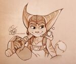 2025 anthro aviator_cap big_ears big_gloves clank_(ratchet_and_clank) clothing dated duo eyebrows farorest gloves green_eyes handwear hi_res lombax machine male mammal monochrome ratchet_(ratchet_and_clank) ratchet_and_clank robot selective_coloring signature smile sony_corporation sony_interactive_entertainment striped_body stripes tail tail_tuft thick_eyebrows tools tuft wrench